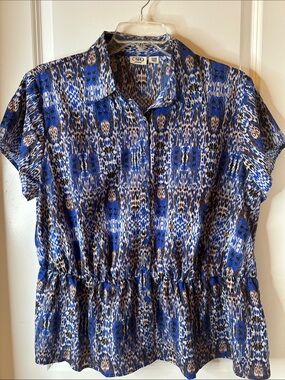 Cato Blue Multi-Pattern Short Sleeve Button-Front Peplum Top